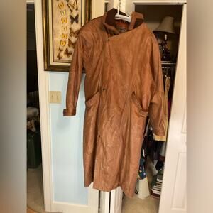 VTG EURO MODE QUALITY LEATHER IOU MENS BROWN LONG LEATHER COAT TRENCH SZ M